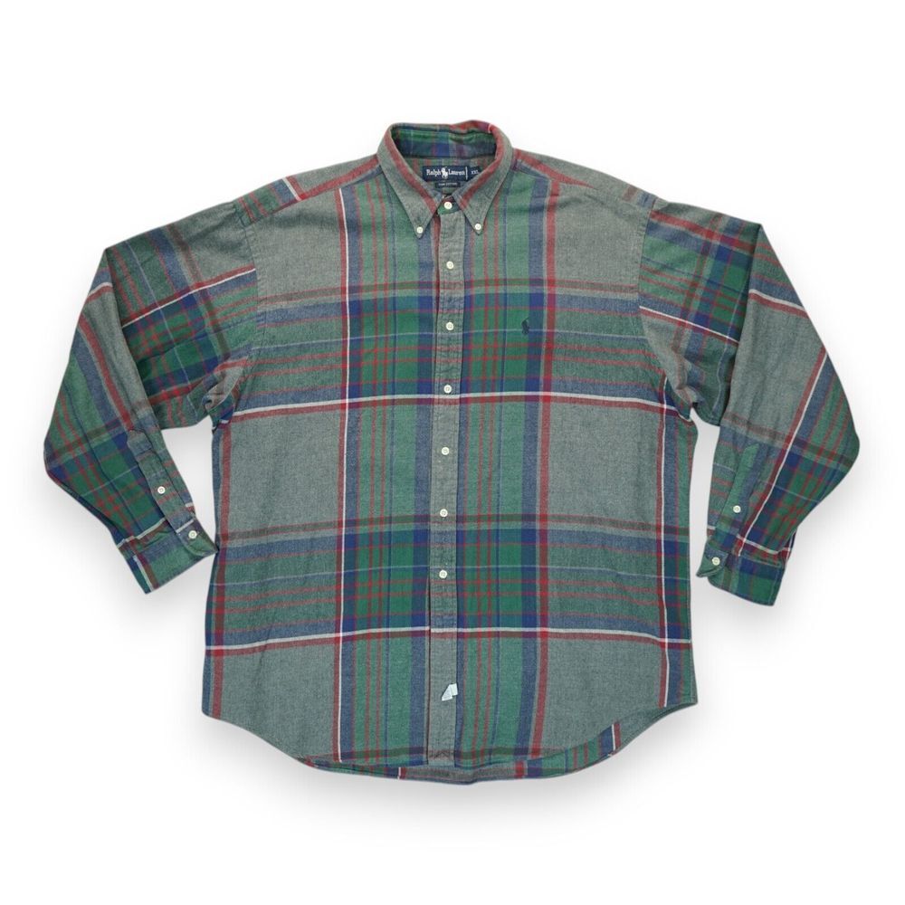 Vintage Ralph Lauren Shirt Mens XXL Tartan Plaid Green Blue Oxford Long Sleeve
